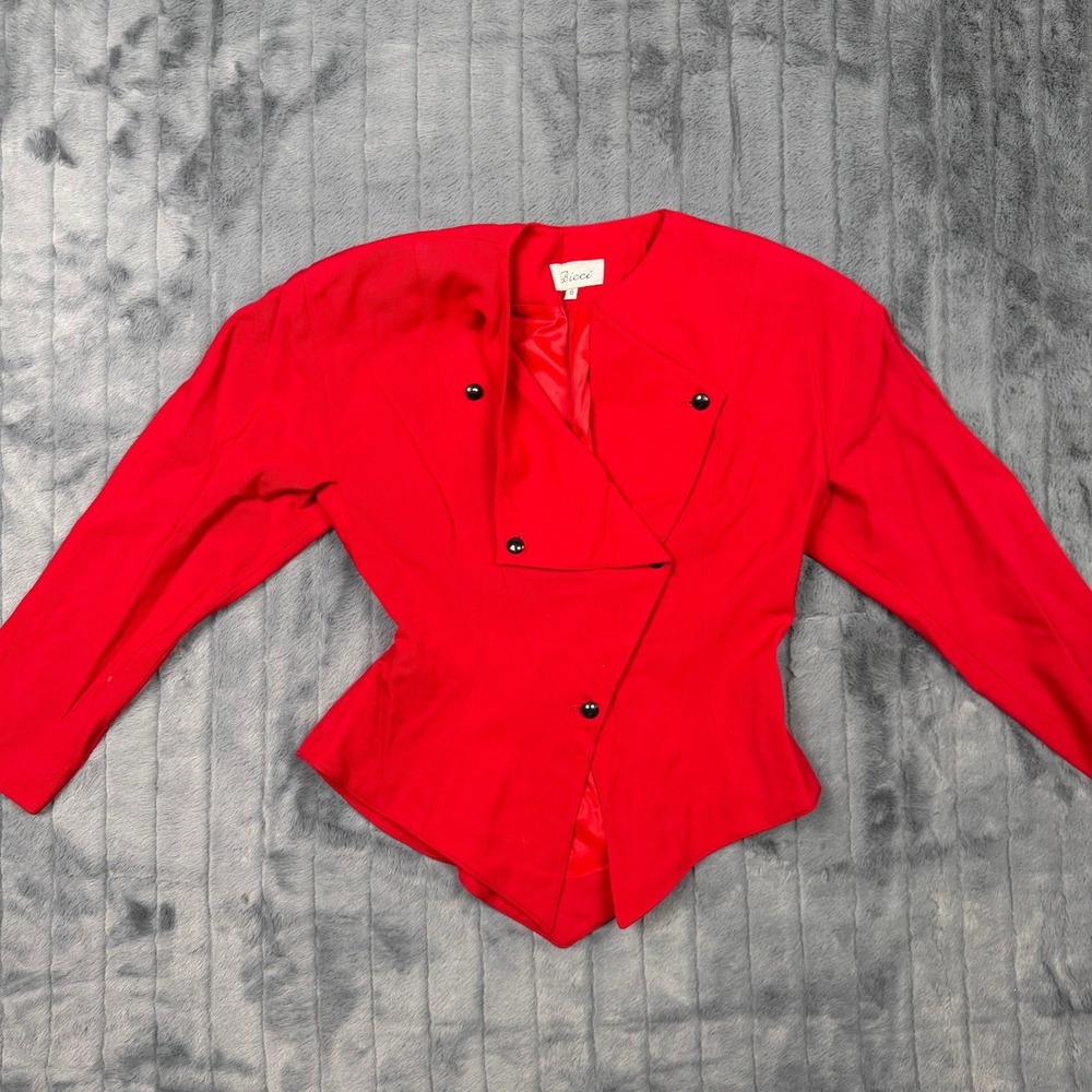 Vintage Bicci Red Wool Blazer Jacket Womens 6 Asymmetrical Double Breasted USA
